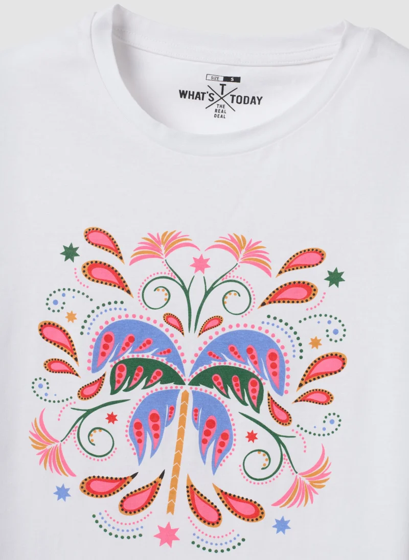 او في اس OVS White Pure Cotton T-Shirt With Front Print