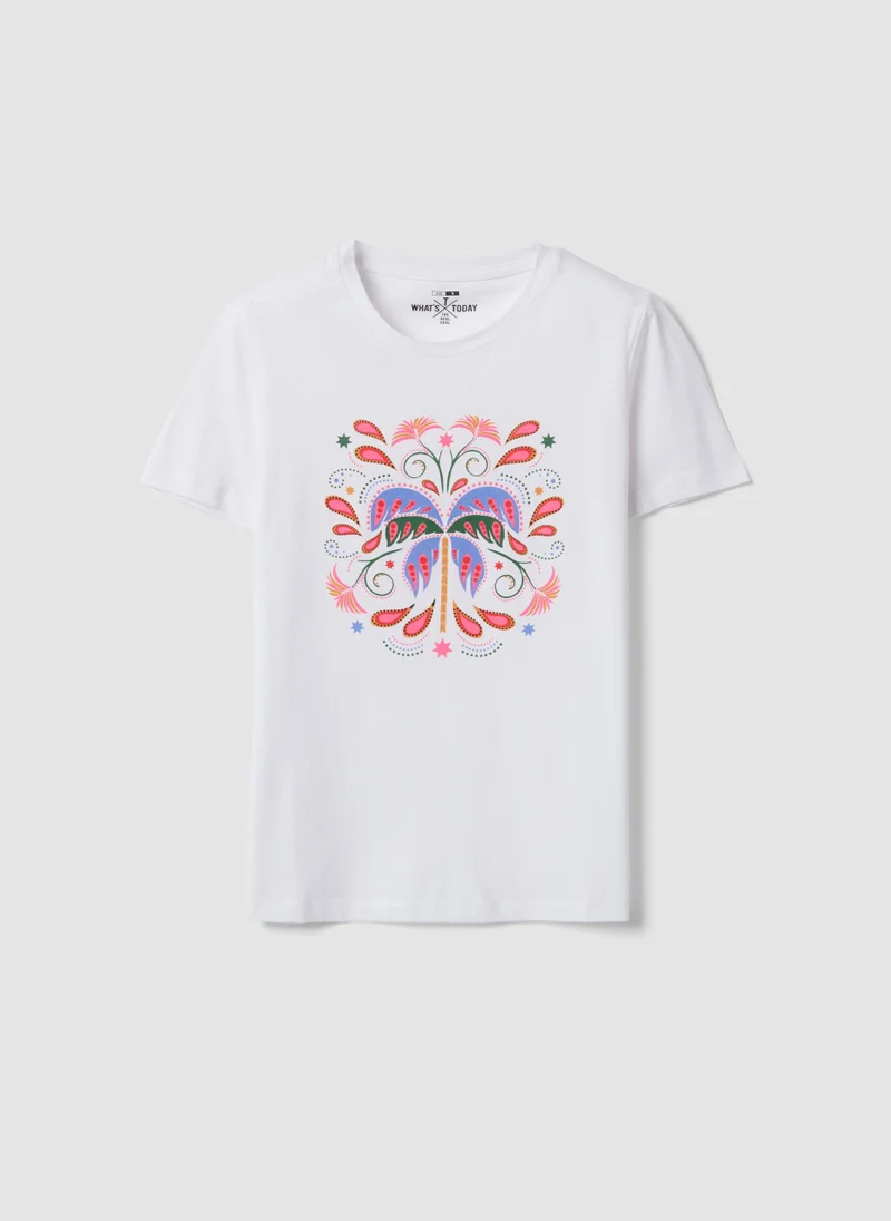 او في اس OVS White Pure Cotton T-Shirt With Front Print