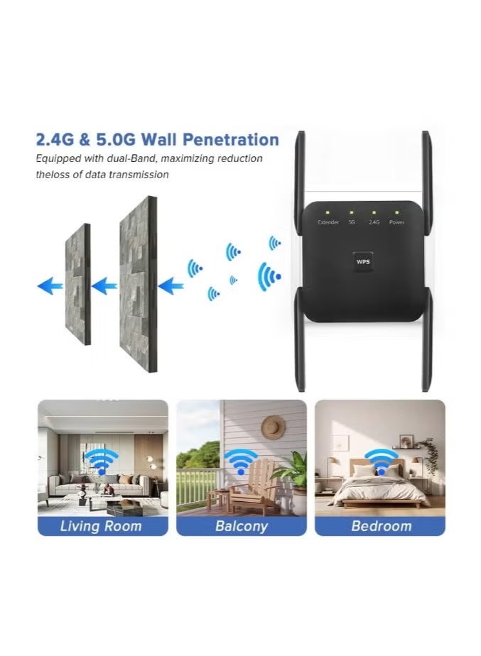 WiFi Extender 2.4G/5G Dual Band Repeater, Speed 1200Mbps with Ethernet Port (Black） - Image 2