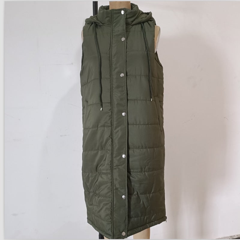 Explosions Wish Solid Color Hooded Single-Breasted Mid-Length Cotton-Padded Jacket Vest Slim-Fit Temperament Cardigan Coat Top - Image 1