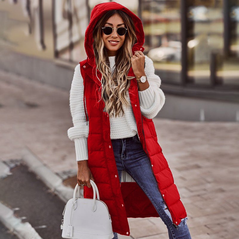 Explosions Wish Solid Color Hooded Single-Breasted Mid-Length Cotton-Padded Jacket Vest Slim-Fit Temperament Cardigan Coat Top - Image 5