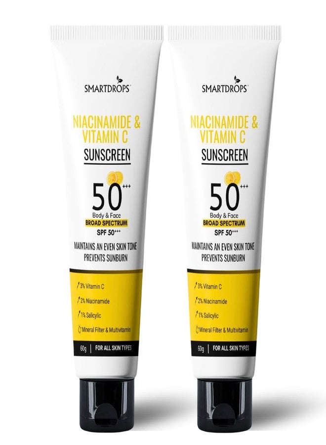 Smartdrops Niacinamide Vitamin C Sunscreen SPF 50+++ PA+++ Broad Spectrum Daily Use Sunscreen Lotion, Smooth Texture, Easy Spread Formula, Face and Body- 60ml (Pack 2) - Image 1