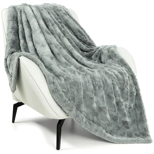 TOONOW Faux Fur Luxury Throw Blanket,Double Side Soft Fluffy Shaggy Fuzzy Blanket for Couch Sofa Bed (Glacier Gray, Throw) - Image 1