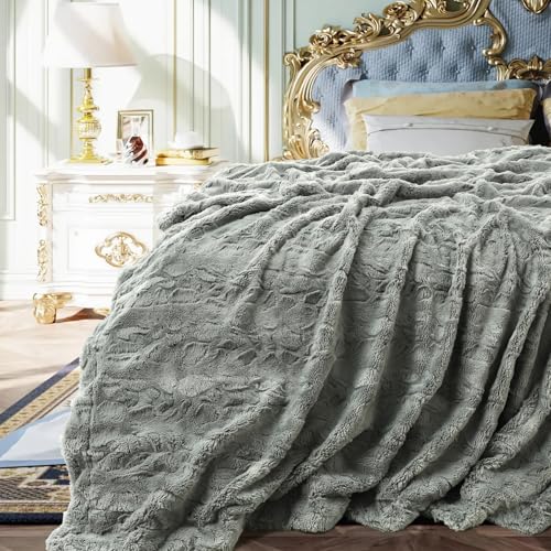 TOONOW Faux Fur Luxury Throw Blanket,Double Side Soft Fluffy Shaggy Fuzzy Blanket for Couch Sofa Bed (Glacier Gray, Throw) - Image 2