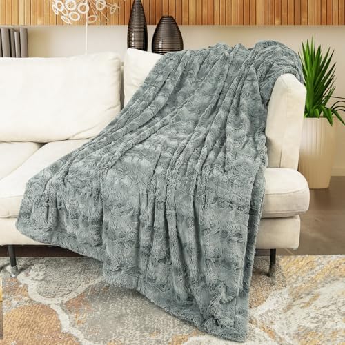 TOONOW Faux Fur Luxury Throw Blanket,Double Side Soft Fluffy Shaggy Fuzzy Blanket for Couch Sofa Bed (Glacier Gray, Throw) - Image 3