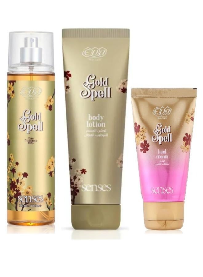 Eva Skin Care Senses Body Splash - Gold Spell 240 ml+ Skin Care Senses Body Lotion Gold Spell 240 Ml +Care Senses Heel Cream Gold Spell 60 Ml