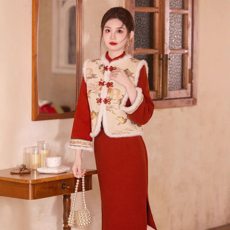Young Red New Chinese New Years Service suit Cheongsam Vest 2024 Winter New Daily Warm... Single vest - Image 4