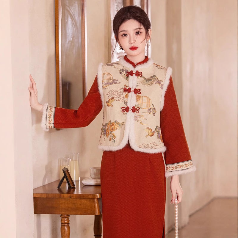 Young Red New Chinese New Years Service suit Cheongsam Vest 2024 Winter New Daily Warm... Single vest - Image 5