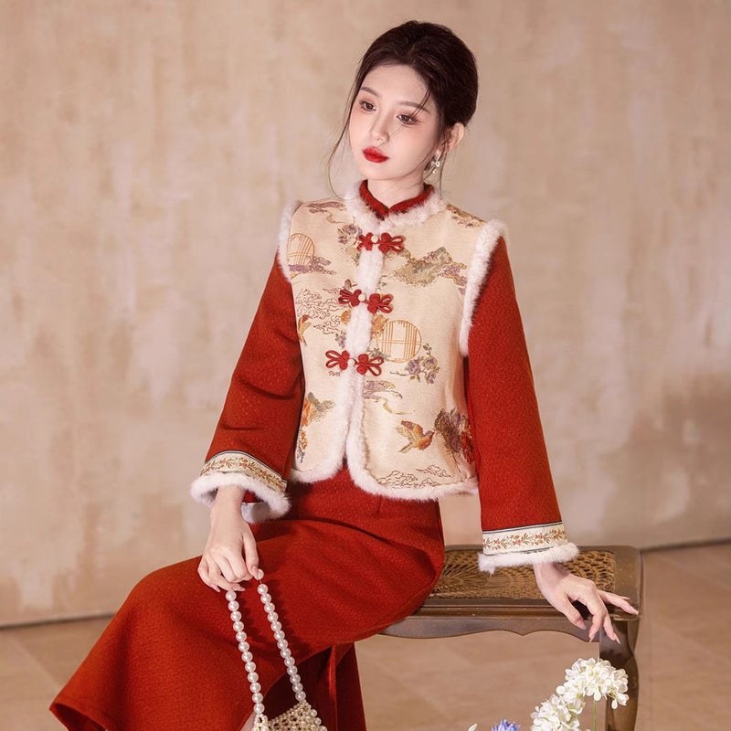 Young Red New Chinese New Years Service suit Cheongsam Vest 2024 Winter New Daily Warm... Single vest - Image 3
