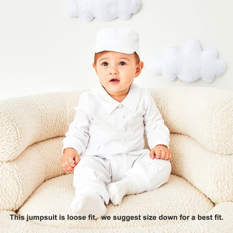 pureborn Baby Boys Baptism Outfits Long Sleeve Jumpsuit with Bonnet 3 Pcs Spring Fall Cotton Christening Clothing White 3-6 Months - Image 2