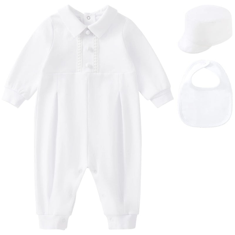 pureborn Baby Boys Baptism Outfits Long Sleeve Jumpsuit with Bonnet 3 Pcs Spring Fall Cotton Christening Clothing White 3-6 Months - Image 1