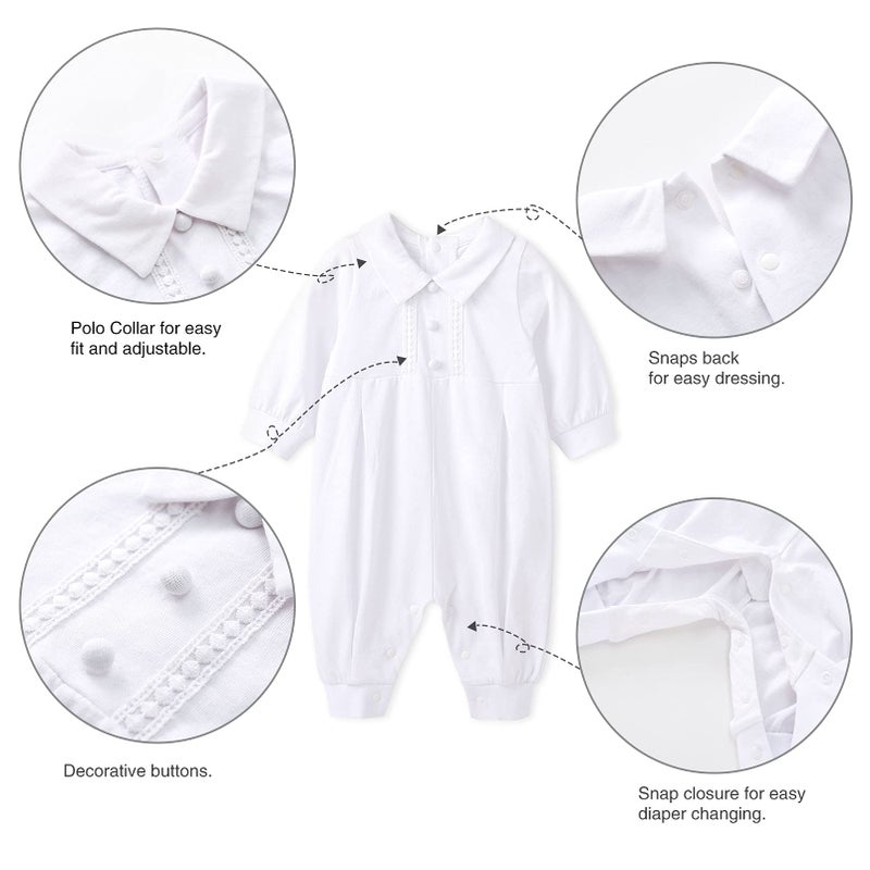 pureborn Baby Boys Baptism Outfits Long Sleeve Jumpsuit with Bonnet 3 Pcs Spring Fall Cotton Christening Clothing White 3-6 Months - Image 4