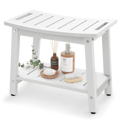 BEKVEM Shower Bench for Inside Shower - White HDPE Shower Stool Waterproof - Spa Bathroom Seat Chair with Handle, Storage Shelf, Adjustable Feet - Indoor/Outdoor, Weather Resistant - Image 1