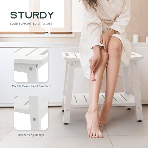 BEKVEM Shower Bench for Inside Shower - White HDPE Shower Stool Waterproof - Spa Bathroom Seat Chair with Handle, Storage Shelf, Adjustable Feet - Indoor/Outdoor, Weather Resistant - Image 4