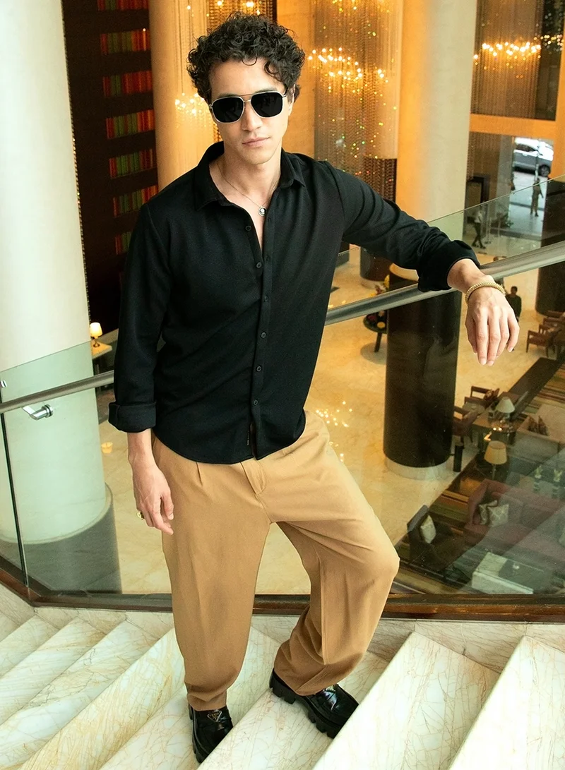 كامبوس سوترا Men's Midnight Black Waffle-Textured Shirt