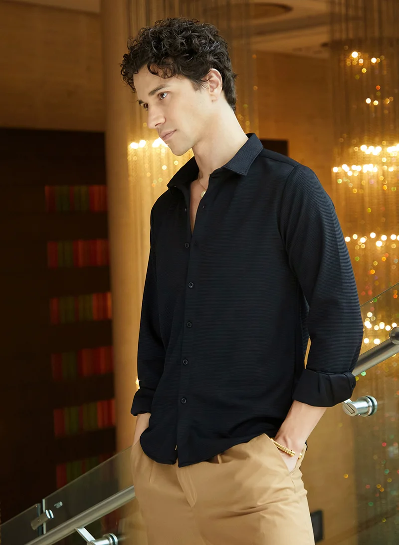 كامبوس سوترا Men's Midnight Black Waffle-Textured Shirt