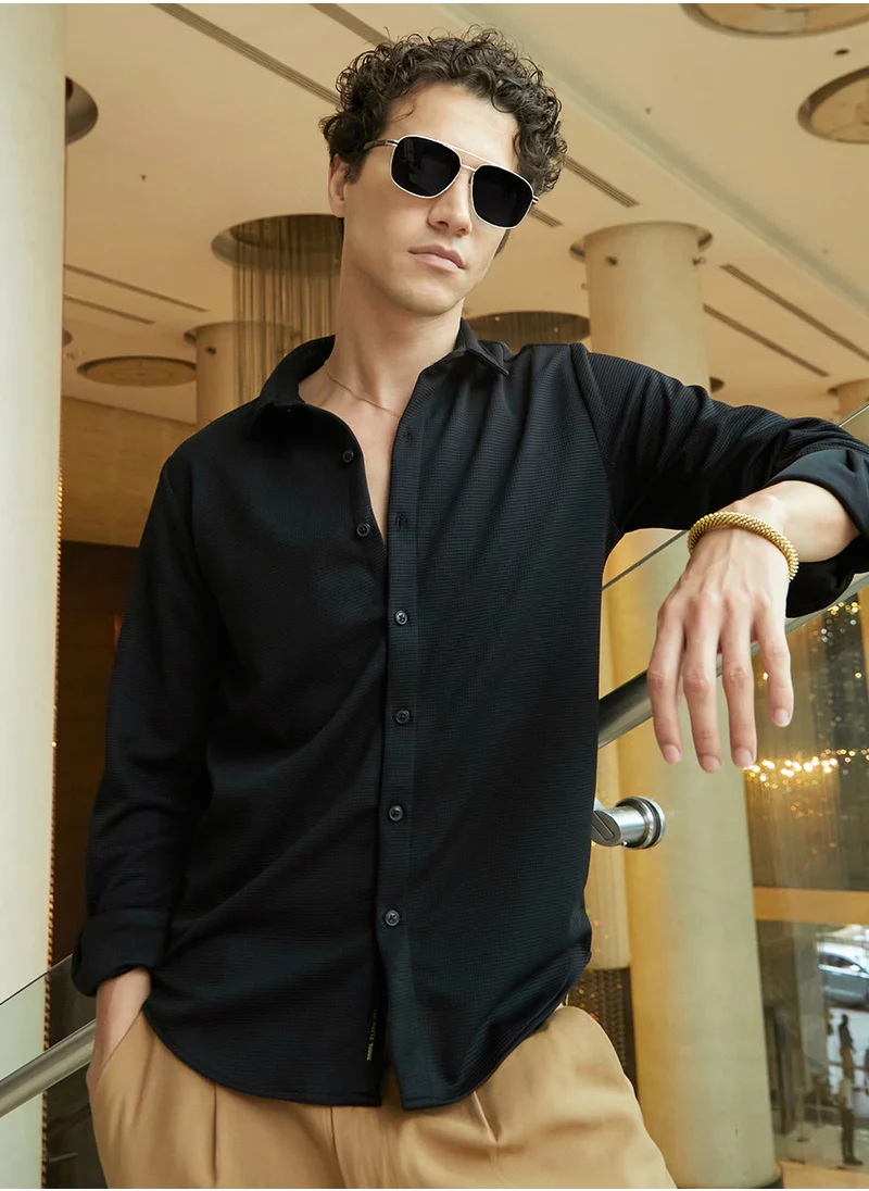 كامبوس سوترا Men's Midnight Black Waffle-Textured Shirt