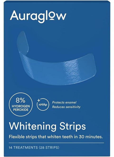 Auraglow Teeth Whitening Strips, Sensitive Whitening Strips, 14 Whitening Treatments, 8% Hydrogen Peroxide with Nano Hydroxyapatite (nHAp) to Reduce Sensitivity and Protect Enamel, 28 Strips, Mint