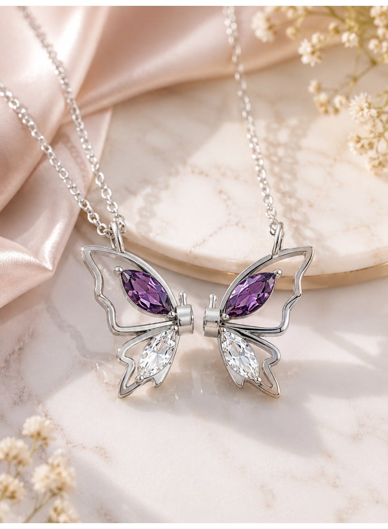 RAFAL Magnetic Matching Butterfly Couples Pendant Necklace Set for Women – Elegant Silver-Plated 2-Piece Zircon Chain, Premium Sophisticated Jewelry Accent for Special Occasions, Birthdays & Luxury Gifting - Image 2