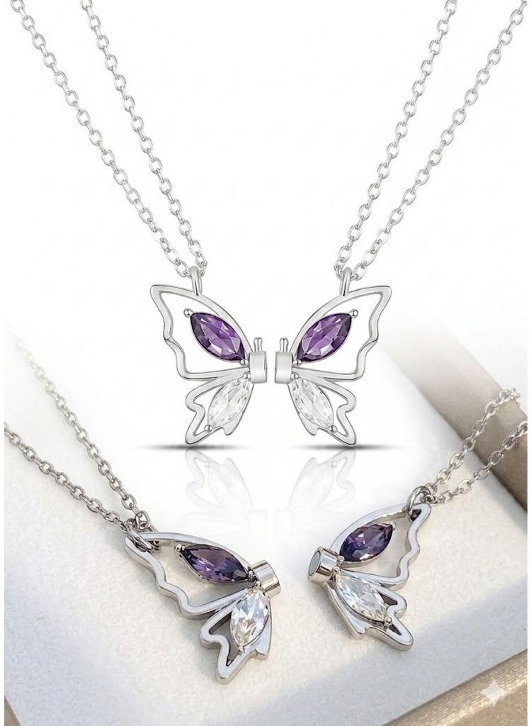 RAFAL Magnetic Matching Butterfly Couples Pendant Necklace Set for Women – Elegant Silver-Plated 2-Piece Zircon Chain, Premium Sophisticated Jewelry Accent for Special Occasions, Birthdays & Luxury Gifting - Image 3