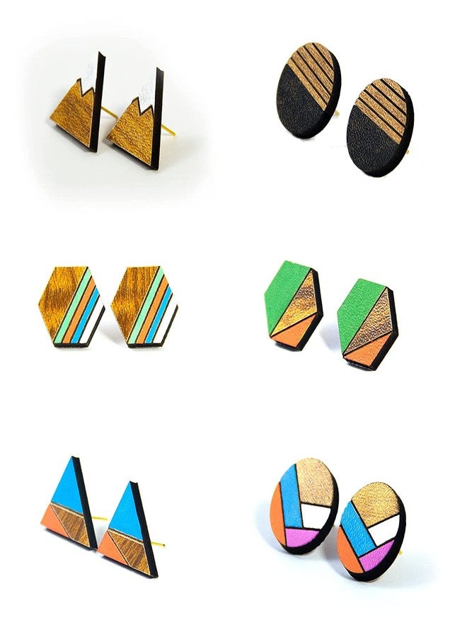 ORENAME Wooden Earrings for Girls and Women 6 Pairs Set Handmade Wooden Earrings with Ear Backs for Women and Girls Different Shapes and Colors - Image 1