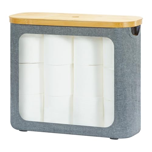 ROSOS Toilet Paper Basket, Toilet Paper Storage with Lid for 12 Rolls, Bathroom Storage Organizer with Bamboo Lid, Grey - Image 1