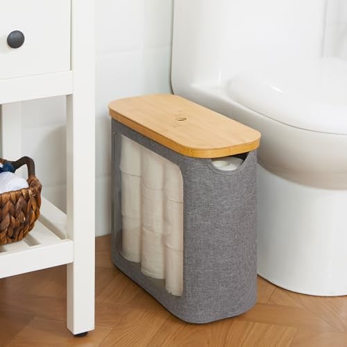 ROSOS Toilet Paper Basket, Toilet Paper Storage with Lid for 12 Rolls, Bathroom Storage Organizer with Bamboo Lid, Grey - Image 5