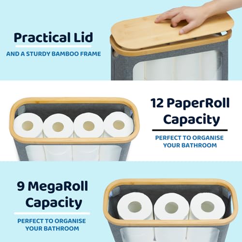 ROSOS Toilet Paper Basket, Toilet Paper Storage with Lid for 12 Rolls, Bathroom Storage Organizer with Bamboo Lid, Grey - Image 2