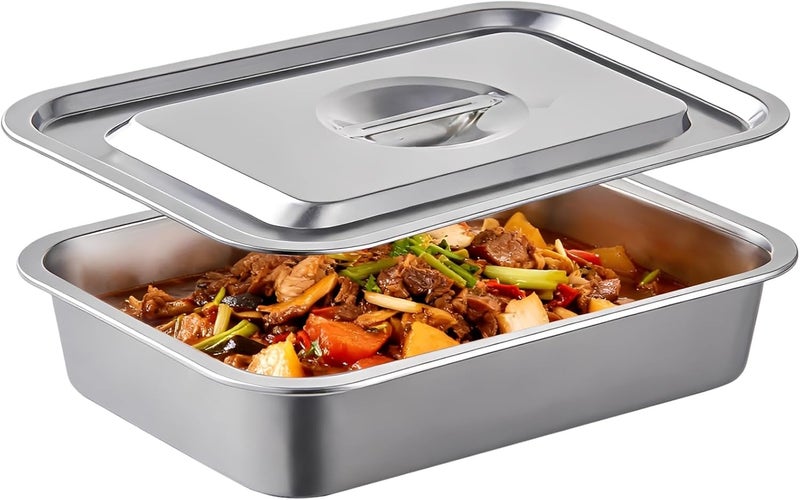 Stainless Steel Lasagna Pan 14.2 X 10.6 X 3.9 in with Lid, Large Baking Tray Food Serving Storage Tray, 201 Stainless Steel - Image 1