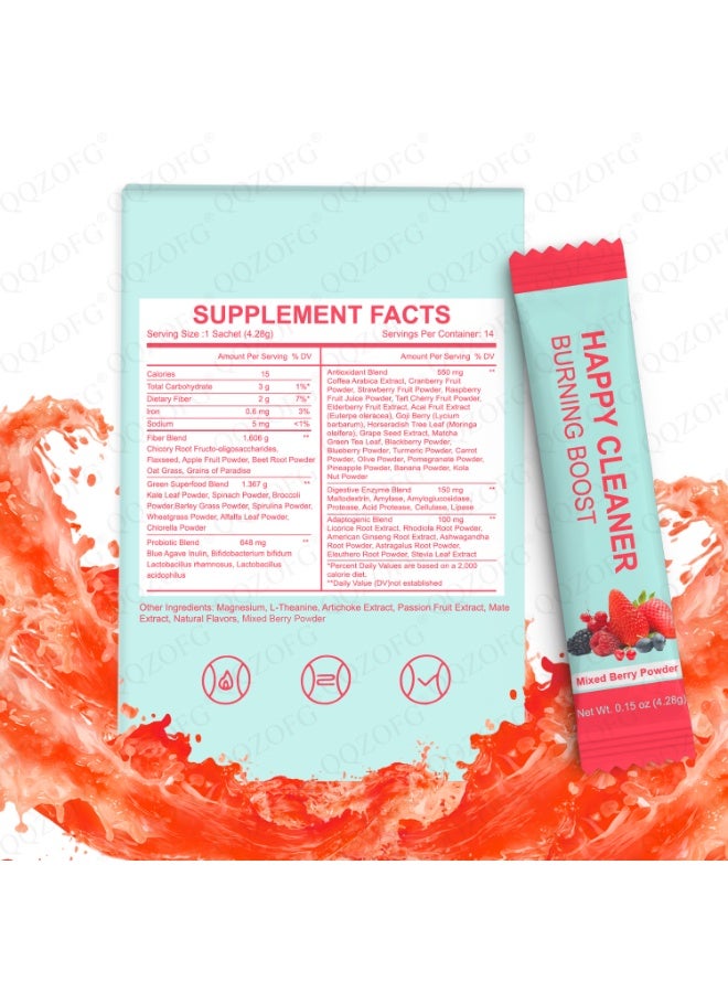 Day Wins Happy Cleaner Gut Health Superfoods Powder, Berry Flavor, with Probiotic, Prebiotic & Plant-Based Fiber for Gut Balance, Bloating Relief, Vegan Sugar Free Drink Mix (14 Packets) - Image 5