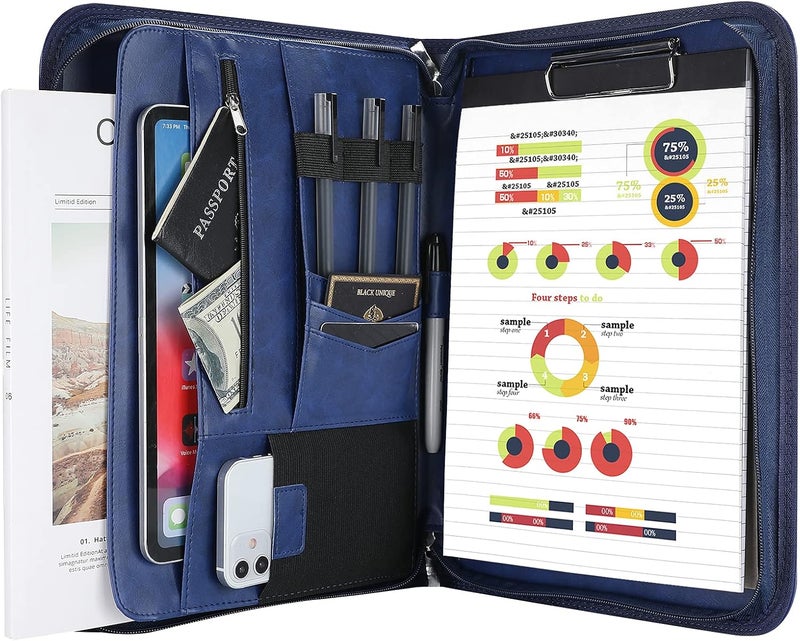 Procase Portfolio Business Padfolio Folder with Zipper, Conference Meeting Executive File Legal Document Organizer with Pockets Letter Size A4 Writing Pad Notepad Padfolio -Navy - Image 1