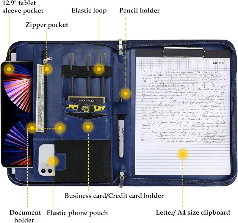 Procase Portfolio Business Padfolio Folder with Zipper, Conference Meeting Executive File Legal Document Organizer with Pockets Letter Size A4 Writing Pad Notepad Padfolio -Navy - Image 2