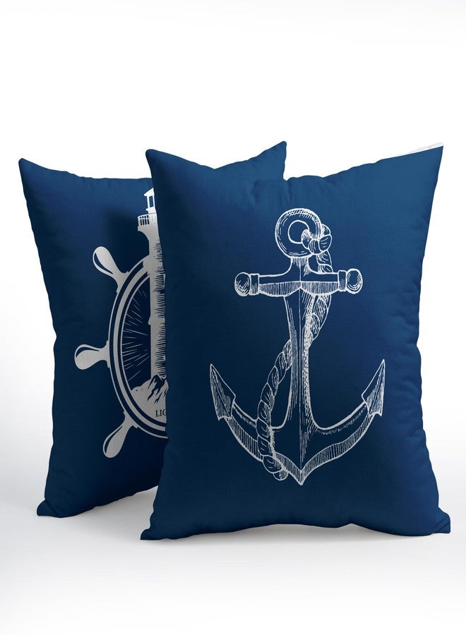 Granbey Coastal Navy Blue Throw Pillow Covers 18x18 Set of 2 Nautical Anchor Lighthouse Decorative Pillow Cases Summer Ocean Theme Cotton Linen Cushion Cover for Home Sofa Couch Bed Decor - Image 2