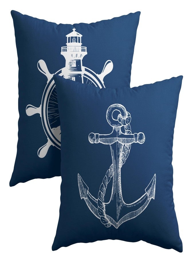 Granbey Coastal Navy Blue Throw Pillow Covers 18x18 Set of 2 Nautical Anchor Lighthouse Decorative Pillow Cases Summer Ocean Theme Cotton Linen Cushion Cover for Home Sofa Couch Bed Decor - Image 1