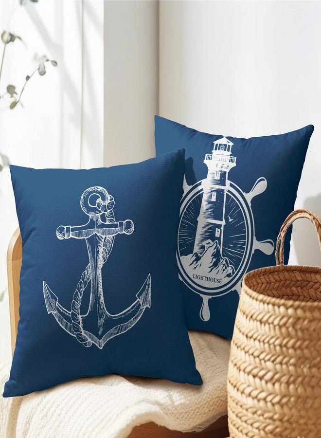 Granbey Coastal Navy Blue Throw Pillow Covers 18x18 Set of 2 Nautical Anchor Lighthouse Decorative Pillow Cases Summer Ocean Theme Cotton Linen Cushion Cover for Home Sofa Couch Bed Decor - Image 5