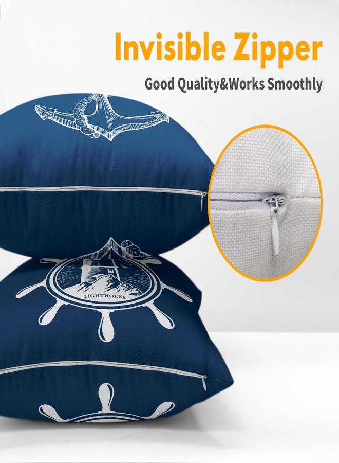 Granbey Coastal Navy Blue Throw Pillow Covers 18x18 Set of 2 Nautical Anchor Lighthouse Decorative Pillow Cases Summer Ocean Theme Cotton Linen Cushion Cover for Home Sofa Couch Bed Decor - Image 3