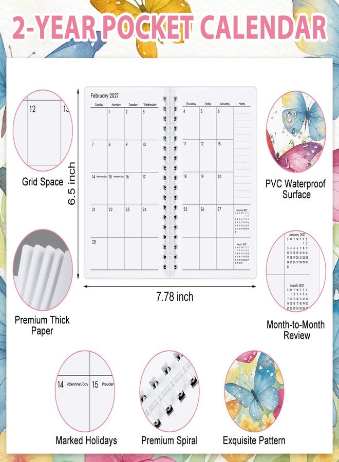 ReliThick تقويم جيب حلزوني صغير من ReliThick لعامي 2026-2027، دفتر تخطيط شهري بغلاف من مادة PVC، هدية تقدير للنساء (فراشة مائية). - Image 2