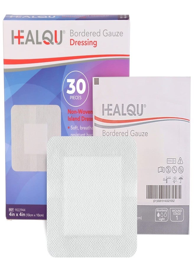 HEALQU Island Dressing - 4"x4", 30 Count - Bordered Gauze Sterile Individually Wrapped Gauze Pads, Water-Resistant, Non-Woven Backing - Soft and Breathable Wound Dressing for First Aid and Medical - Image 1