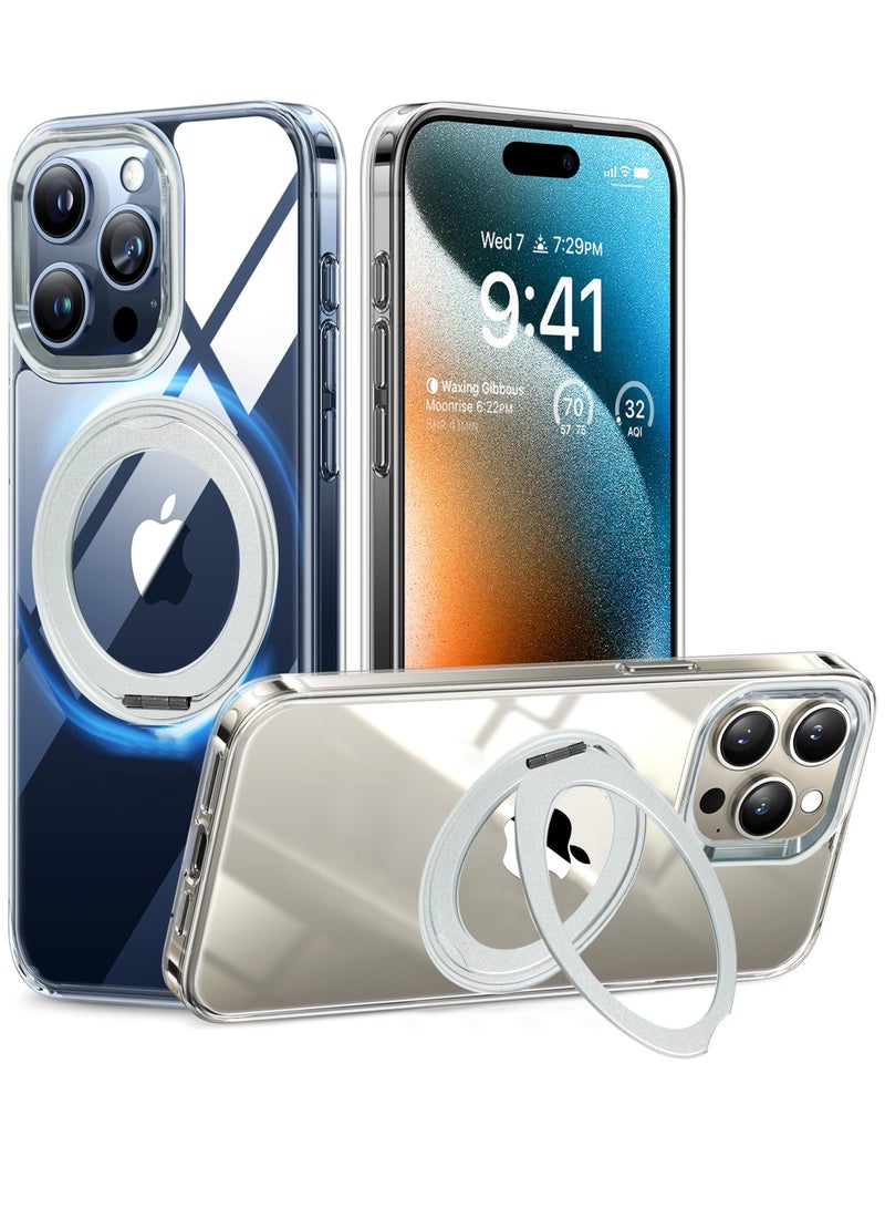 أزتك خاتم مغناطيسي قابل للدوران بزاوية 360 درجة سوبر سناب فضي لحافظة آيفون 15 برو ماكس، متوافق مع الماج سيف مع حامل للحامل ودعامة خلفية شفافة بمقاومة للصدمات بدرجة عسكرية بطول 16 قدم لآيفون 15 برو ماكس - Image 1