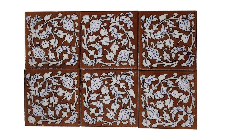 Shiv Kripa Blue Pottery Shiv Kripa Blue Pottery Luxury Floral Decorative Crafted Tabletop Flooring Wall Interior Exterior Traditional 4 x 4 inch Tiles Pack of 6 Tiles 