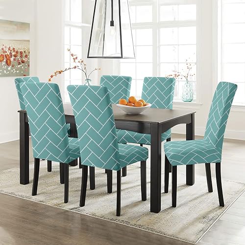 HOTKEI Pack of 6 Pastel Green Brick Printed 200 GSM Elastic Stretchable Dining Table Chair Seat Cover Protector Slipcover for Dining Table Chair Cover Set of 6 Seater, Polyester Blend - Image 1