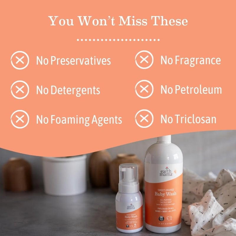 Earth Mama Sweet Orange Baby Wash Liquid Foaming Hand Soap Refill, Organic All Purpose Body Wash for Sensitive Skin, Castile Soap with Coconut Oil, Shea Butter, Calendula, & Aloe, 34 fl oz - Image 3