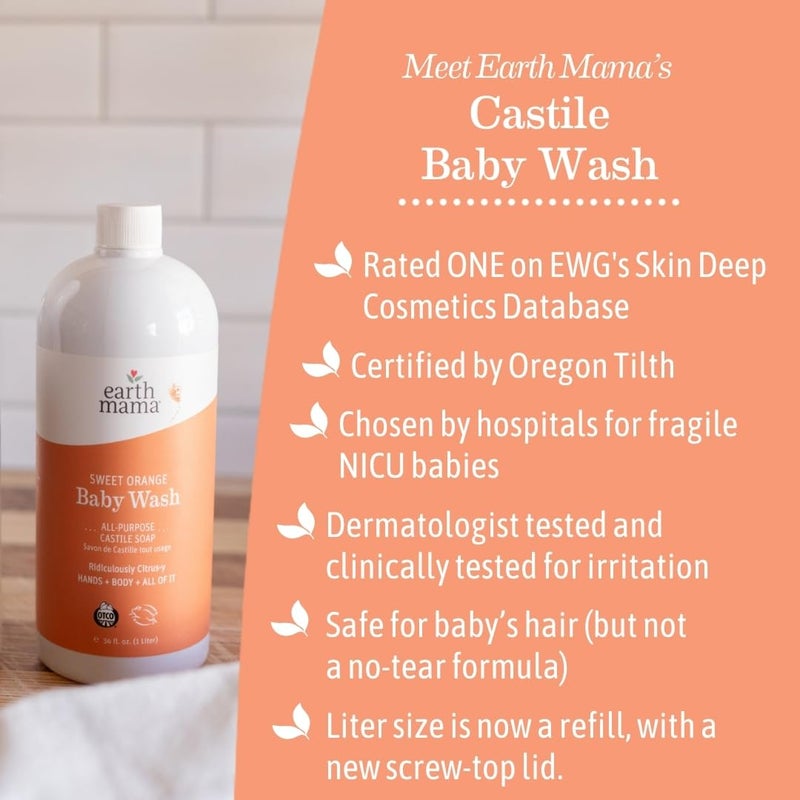 Earth Mama Sweet Orange Baby Wash Liquid Foaming Hand Soap Refill, Organic All Purpose Body Wash for Sensitive Skin, Castile Soap with Coconut Oil, Shea Butter, Calendula, & Aloe, 34 fl oz - Image 5