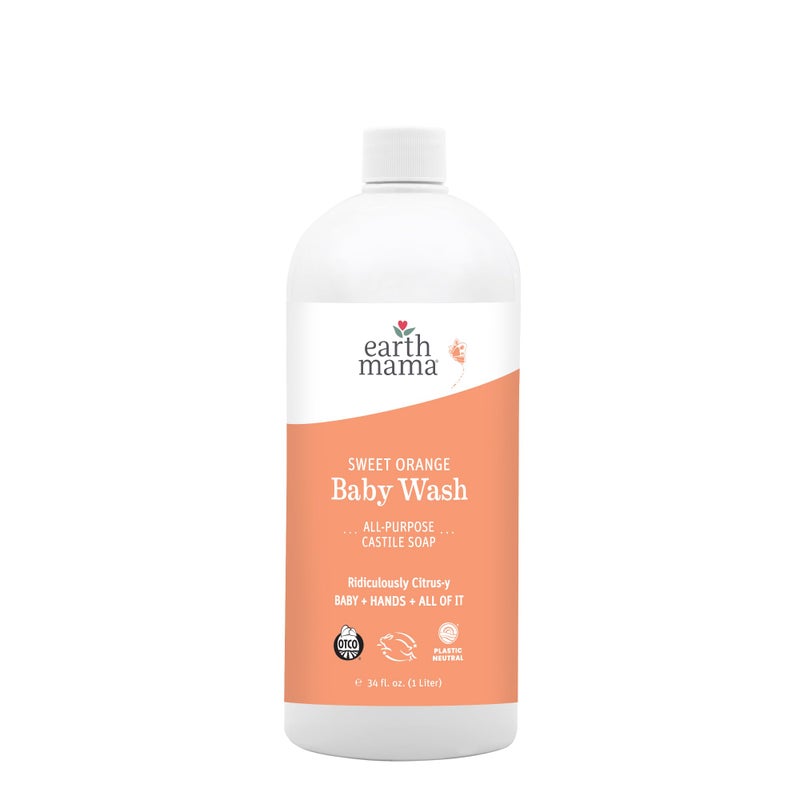 Earth Mama Sweet Orange Baby Wash Liquid Foaming Hand Soap Refill, Organic All Purpose Body Wash for Sensitive Skin, Castile Soap with Coconut Oil, Shea Butter, Calendula, & Aloe, 34 fl oz - Image 1