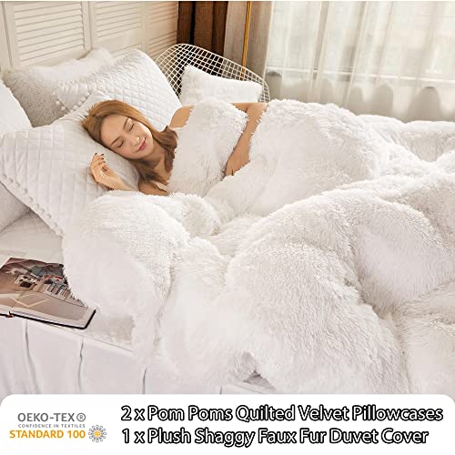 LIFEREVO Luxury Plush Shaggy Duvet Cover Set, Ultra Soft Fluffy Furry Duvet Cover Set(1 Faux Fur Fuzzy Comforter Cover + 2 Pom Poms Velvet Pillow Cases) Solid Bedding Set, Zipper Closure(King, White) - Image 3
