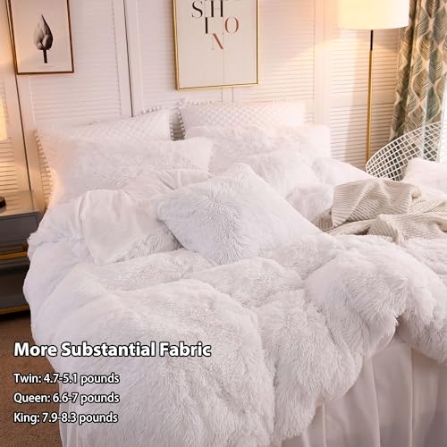 LIFEREVO Luxury Plush Shaggy Duvet Cover Set, Ultra Soft Fluffy Furry Duvet Cover Set(1 Faux Fur Fuzzy Comforter Cover + 2 Pom Poms Velvet Pillow Cases) Solid Bedding Set, Zipper Closure(King, White) - Image 4