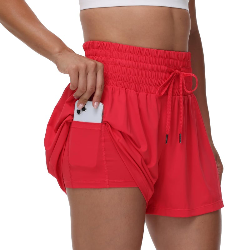 Blaosn Flowy Athletic Shorts for Women Workout Running Gym Yoga Sport Short Pants Sweat Tennis Skirt Skort High Waisted with Pockets Biker Spandex Cute Comfy Lounge Trendy Clothes Casual Summer Red L - Image 1