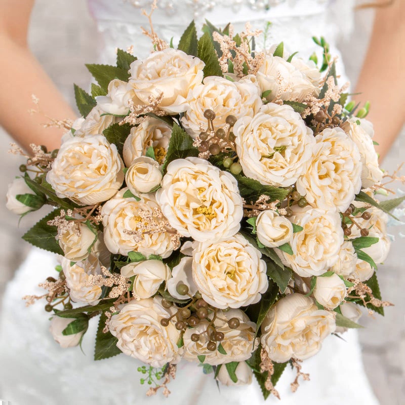 Pusuny الفاوانيا الاصطناعية زهور الحرير البيج فو الفاوانيا باقة 4 حزم ترتيبات الزهور ديكور لمنزل المزرعة بوهو الزفاف الجدول المركزية الزهور البلاستيكية وهمية السائبة لتزيين المزهرية (بيج) - Image 2