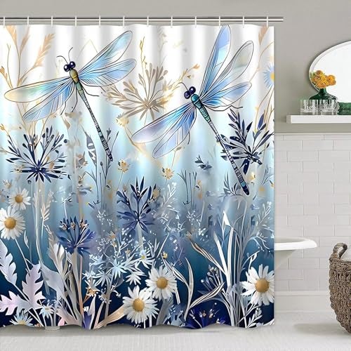 DDQQ 4Pcs Blue Flower Dragonfly Shower Curtain Set with Rugs, Floral Plant Neutral Bathroom Decor Set Waterproof Bathtub with Carpet Bath Mat Toilet - Image 4