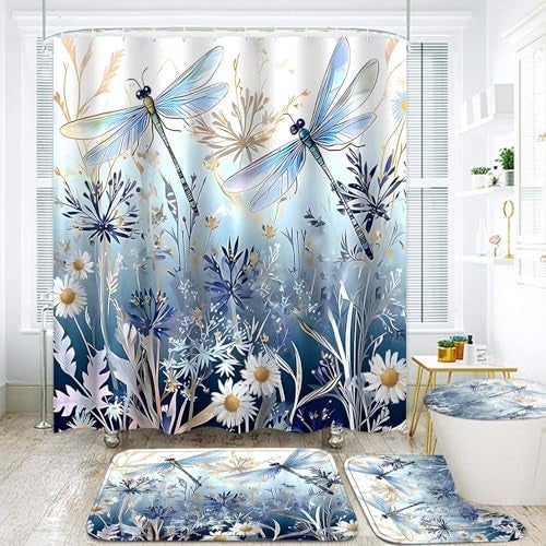 DDQQ 4Pcs Blue Flower Dragonfly Shower Curtain Set with Rugs, Floral Plant Neutral Bathroom Decor Set Waterproof Bathtub with Carpet Bath Mat Toilet - Image 2